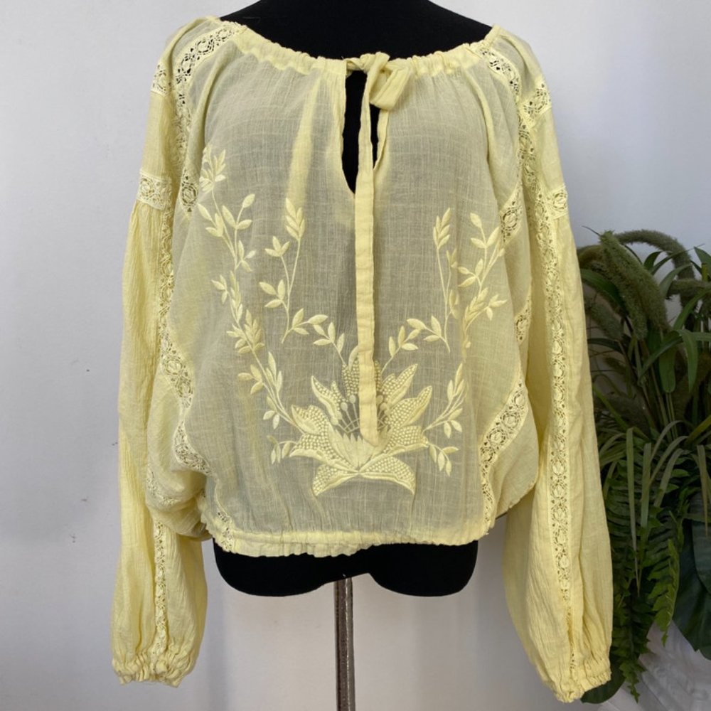 Free People Yellow Embroidery Cotton Floral Prairie Long Sleeve Blouse Top Sz L